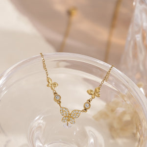 Dainty Triple Butterfly Pave Pendant Necklace