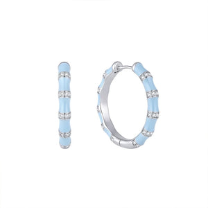 Blue Enamel Bamboo Joint Pave Hoop Earrings
