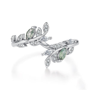 Moss Agate Leaf Branch Stackable Open Ring