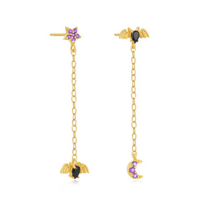 Asymmetric Bat Star Moon Drop Stud Earrings