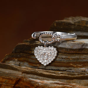 Bow Heart Dangle Charm Textured Open Ring
