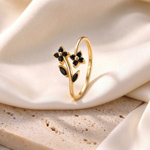 Dual Black CZ Floral Leaf Stackable Open Ring
