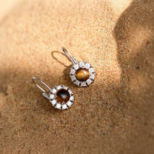 Tiger's Eye Halo CZ Leverback Hoop Earrings