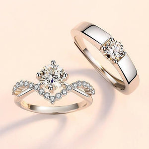 Solitaire Crown Pave CZ Couple Matching Ring
