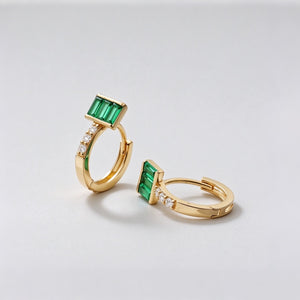 Green Baguette Cut CZ Huggie Hoop Earrings