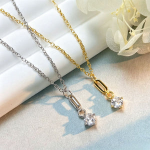 Dainty Paperclip Link CZ Drop Charm Necklace