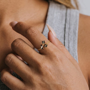 Dual Black CZ Floral Leaf Stackable Open Ring