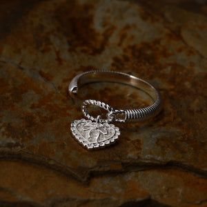 Bow Heart Dangle Charm Textured Open Ring
