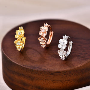 Dual Floral Blossom CZ Huggie Hoop Earrings