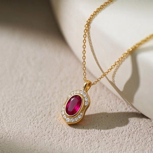 Oval Magenta CZ Halo Pave Charm Necklace
