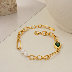 Green Heart Dual Pearl Charm Chain Bracelet