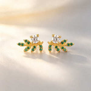 Green Stone Leaf Curved Branch Stud Earrings