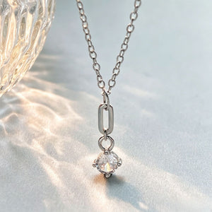 Dainty Paperclip Link CZ Drop Charm Necklace
