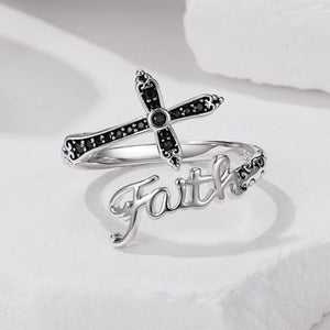 Vintage Black Stone Faith Cross Open Ring