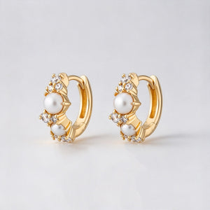 Dainty Pearl CZ Cluster Huggie Hoop Earrings