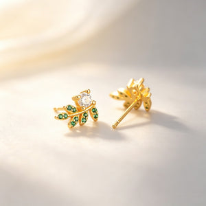 Green Stone Leaf Curved Branch Stud Earrings