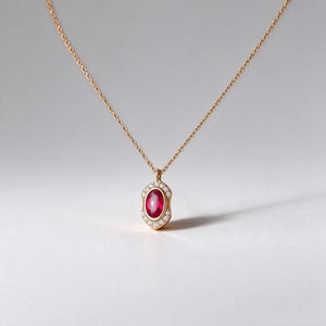 Oval Magenta CZ Halo Pave Charm Necklace