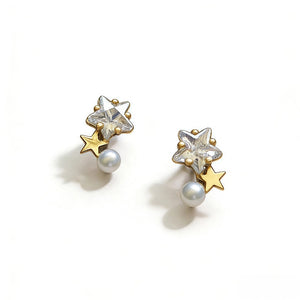 Dainty Asymmetric Star CZ Pearl Stud Earrings