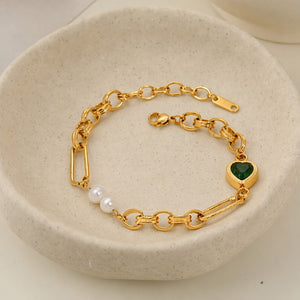 Green Heart Dual Pearl Charm Chain Bracelet