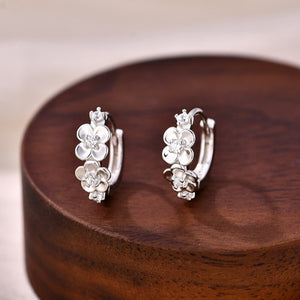 Dual Floral Blossom CZ Huggie Hoop Earrings