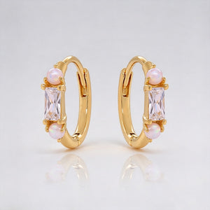Dual Opal Baguette CZ Huggie Hoop Earrings