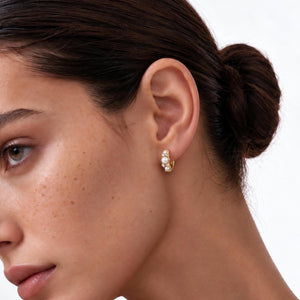 Dainty Pearl CZ Cluster Huggie Hoop Earrings