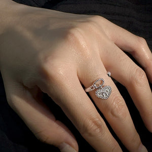 Bow Heart Dangle Charm Textured Open Ring