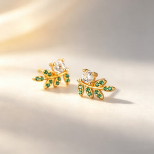 Green Stone Leaf Curved Branch Stud Earrings