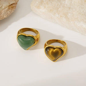 Chunky Gold Bezel Heart Gemstone Band Ring