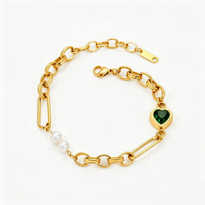 Green Heart Dual Pearl Charm Chain Bracelet