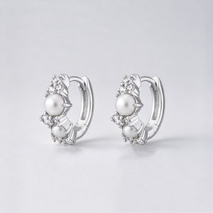 Dainty Pearl CZ Cluster Huggie Hoop Earrings