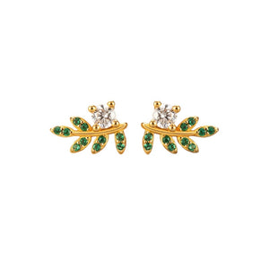Green Stone Leaf Curved Branch Stud Earrings