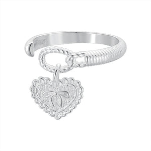 Bow Heart Dangle Charm Textured Open Ring