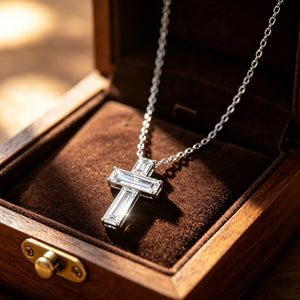 Baguette Moissanite Cross Pendant Necklace