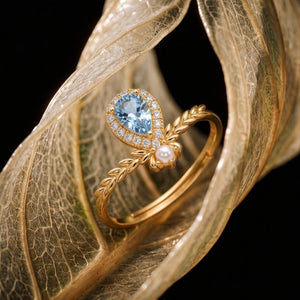 Dainty Pear Topaz Leaf Pearl Crown Open Ring