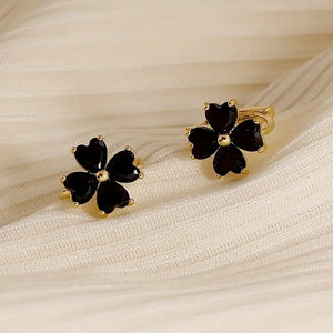 Black Four Leaf Clover Huggie Hoop Earrings