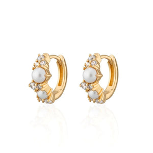Dainty Pearl CZ Cluster Huggie Hoop Earrings