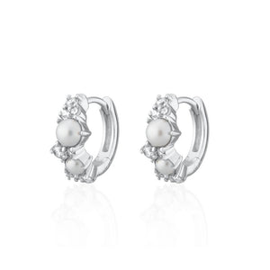 Dainty Pearl CZ Cluster Huggie Hoop Earrings