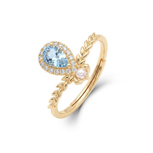 Dainty Pear Topaz Leaf Pearl Crown Open Ring