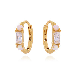 Dual Opal Baguette CZ Huggie Hoop Earrings