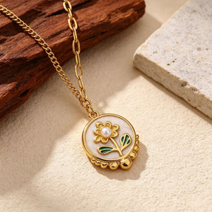 Vintage Enamel Floral Pearl Pendant Necklace