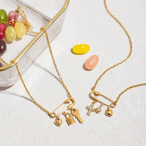 Gold Safety Pin Cross Key Heart Necklace