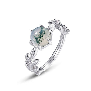 Moss Agate Spherical Leaf Stacking Open Ring