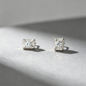 Carved Sunburst Rectangular CZ Stud Earrings