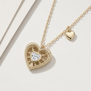 Vintage Textured Heart CZ Pendant Necklace