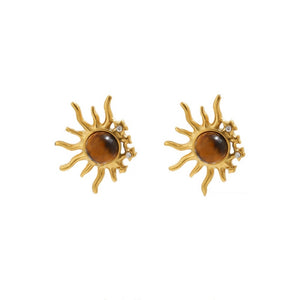 Dainty Sunburst Tiger Eye Stone Stud Earrings