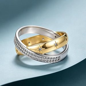 Two-Tone Star Engraved Crisscross Band Ring