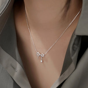 Dainty Pave Bowknot Ribbon Charm Necklace