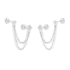Tiny Clover Dual Piercing Chain Stud Earrings