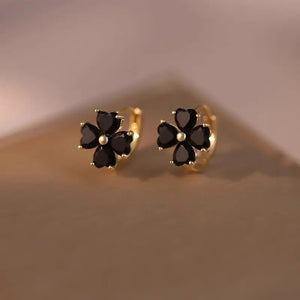 Black Four Leaf Clover Huggie Hoop Earrings